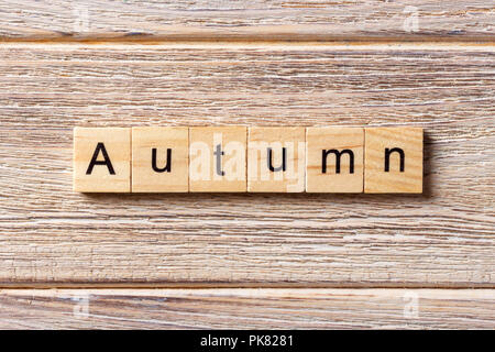Autunno parola scritta sul blocco di legno. In autunno il testo sul tavolo, concetto. Foto Stock