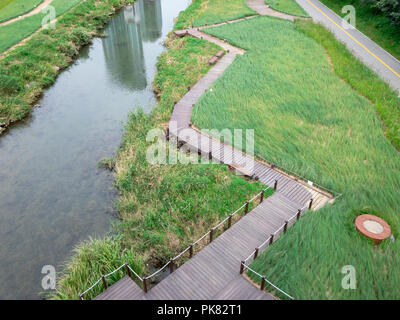 Paesaggio di flusso Yangjae con a zig-zag il sentiero in legno, Seoul, Corea Foto Stock