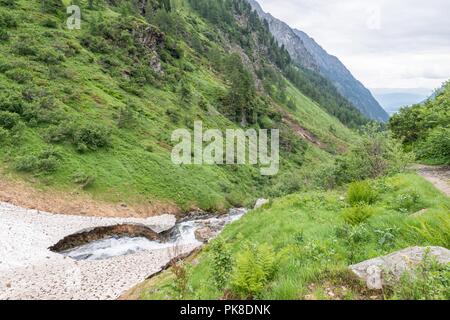 Resti della copertura di ghiaccio e neve coprono oltre un torrente di montagna in estate, Austria Foto Stock