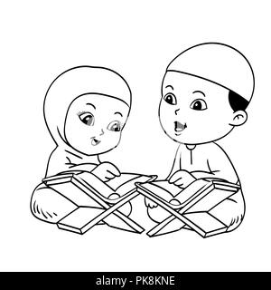 Bambini musulmani didattiche Corano disegnati a mano per il libro da colorare, isolati su sfondo bianco - illustrazione vettoriale. Illustrazione Vettoriale