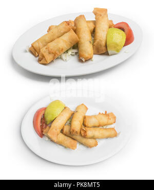 Stile ripiene di formaggio di pasta filo rotoli, libanese rkakat formaggio su sfondo bianco, percorso di clipping incluso Foto Stock
