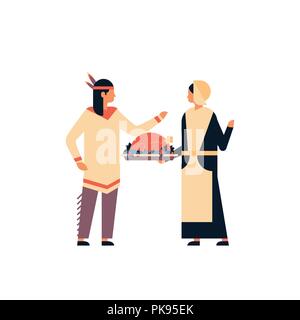 Native American Indian matura per celebrare la Giornata del ringraziamento concetto donna tenendo la Turchia uomo lady comunicazione personaggio dei fumetti a lunghezza piena piatta isolata Illustrazione Vettoriale