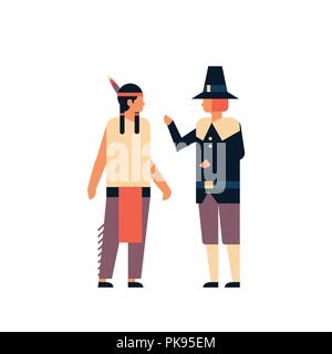 Indian native american uomini la Giornata del ringraziamento celebrare la nozione di due ragazzi che indossano abiti tradizionali maschio comunicazione personaggio dei fumetti a lunghezza piena piatta isolata Illustrazione Vettoriale