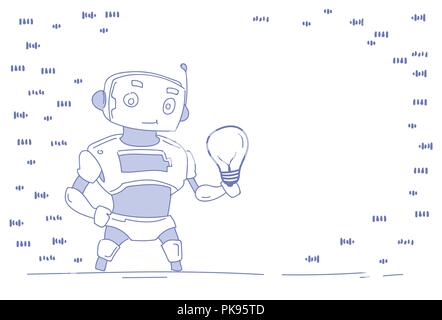 Moderno robot ispirazione lampada luce nuova idea di innovazione di intelligenza artificiale concetto tecnologico schizzo doodle orizzontale Illustrazione Vettoriale