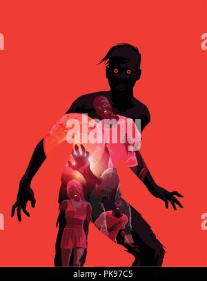 Mangiare a scarnare morto silhouette di zombie con doppia esposizione effetto. Illustrazione Vettoriale Illustrazione Vettoriale