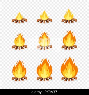 Set di fuoco di campo sprite per l'animazione. Vettore illustrazione cartoon falò bruciando i frame. Esplosione, torcia, fiamme, falò per il design del gioco su sfondo trasparente Illustrazione Vettoriale