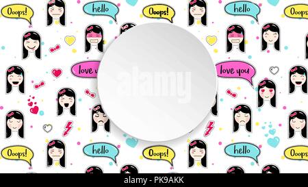 Ragazza banner con anime di emoji pattern. Carino adesivi con emotico Illustrazione Vettoriale