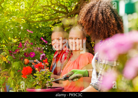 Tre belle ragazze lavora in giardino Foto Stock