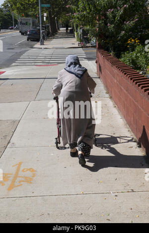 Vecchia donna con un viandante che indossa un soprabito cammina per la strada a una calda estate dy. Brooklyn, New York. Foto Stock