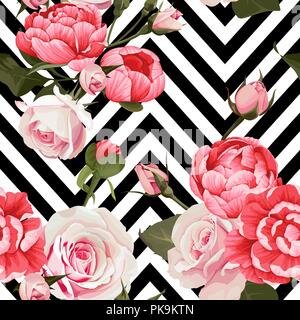 Peonie e rose vector seamless pattern texture floreali su un bianco e nero sfondo chevron Illustrazione Vettoriale