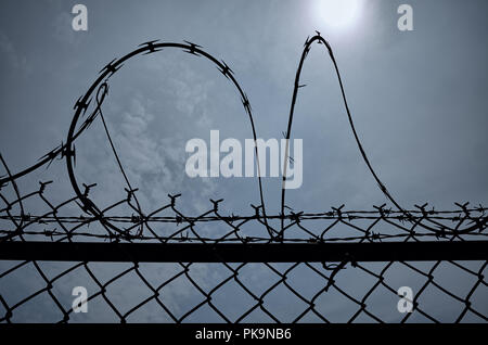 Vista di un rasoio filo spinato a notte di luna piena, concetto di reclusione. Foto Stock