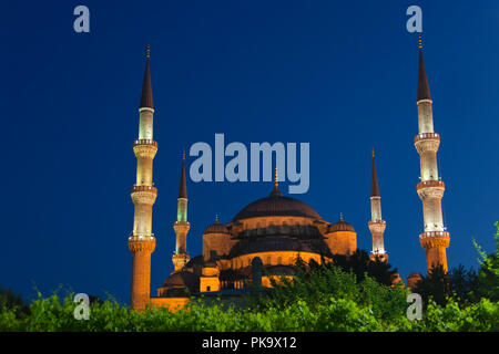 Vista notturna della Moschea Blu (Sultan Ahmed Moschea), Istanbul, Turchia Foto Stock