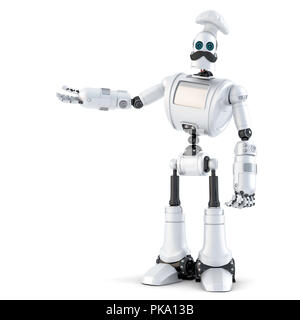 Chef robot che mostra oggetto invisibile. 3D'illustrazione. Isolato. Contiene il percorso di clipping Foto Stock