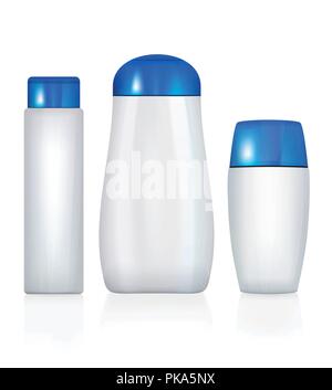 Realistica bottiglia cosmetici isolato pack su sfondo bianco. Personalizzazione del modello di marca. Shampoo pack. Illustrazione Vettoriale