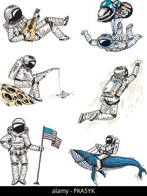 Set di astronauti nello spazio. Collezione soaring spaceman con bandiera, di balena e di palloncini. ballerina musicista avventura nella galassia. Senzatetto traveler incisi disegnati a mano schizzo di fumetti. Illustrazione Vettoriale