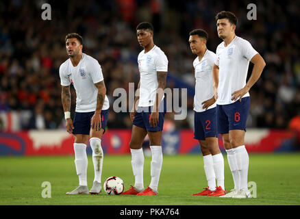 Inglese Kyle Walker, Marcus Rashford, Trent Alexander-Arnold e Harry Maguire (L-R) durante l'International friendly al King Power Stadium, Leicester. PREMERE ASSOCIAZIONE foto. Data foto: Martedì 11 settembre 2018. Vedi la storia della Pennsylvania Soccer Inghilterra. Il credito fotografico deve essere: Nick Potts/PA Wire. RESTRIZIONI: L'uso è soggetto a restrizioni fa. Solo per uso editoriale. Uso commerciale solo con previo consenso scritto del fa. Nessuna modifica tranne il ritaglio. Foto Stock