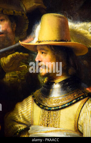 Dettagli sull'iconico capolavoro "La ronda di notte" da Rembrandt van Rijn nel Rijksmuseum di Amsterdam, Paesi Bassi Foto Stock