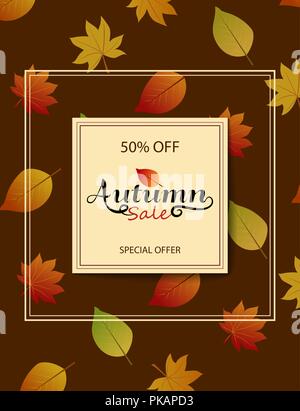 Il design del poster per la caduta di sconto sul marrone scuro dello sfondo. Verticale banner d'autunno. Vendita autunnale 50 off. Illustrazioni vettoriali per volantini, banner, poster, e-mail, disegni, annunci, materiale promozionale. Illustrazione Vettoriale