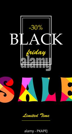 Banner verticale con testo di vendita Venerdì nero. Con luminosi lettere colorate in vendita. Illustrazione Vettoriale per poster - periodo di tempo limitato. Vendita sconto fino al 30%. Illustrazione Vettoriale