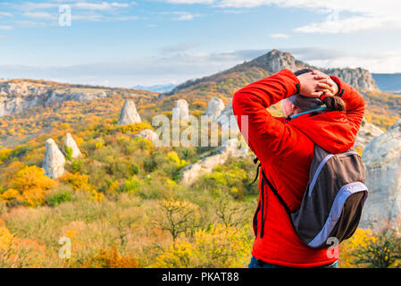 Viaggiatore con uno zaino in montagna si ammira la foresta di autunno Foto Stock