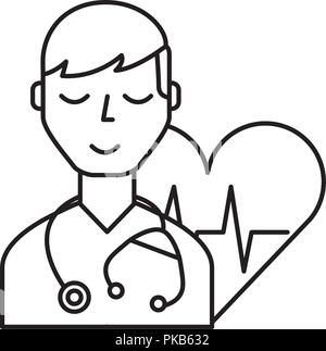 Carattere medico con stetoscopio tasso di cuore care illustrazione vettoriale di una linea sottile Illustrazione Vettoriale