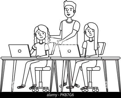 Giovani donne alla scrivania con computer portatile e compagno di illustrazione vettoriale Illustrazione Vettoriale