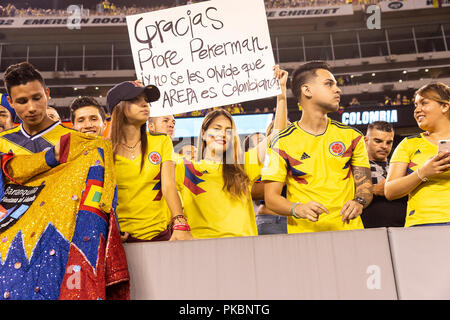 East Rutherford, Stati Uniti. Undicesimo Sep, 2018. I fan della Colombia a sostenere la loro squadra durante la partita amichevole contro l'Argentina a MetLife Stadium Credito: Lev Radin/Pacific Press/Alamy Live News Foto Stock