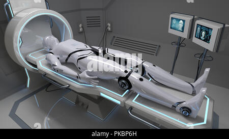 Robot in un'avveniristica struttura medica. Il rendering 3D Foto Stock