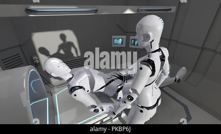 Maschio e femmina robot infermiere in un'avveniristica struttura medica. Il rendering 3D Foto Stock