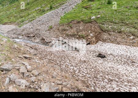 Resti della copertura di ghiaccio e neve coprono oltre un torrente di montagna in estate, Austria Foto Stock