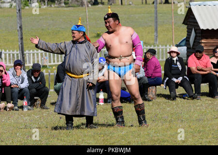 Mongolian wrestling concorrenza vicino al lago Khovsgol, Mongolia Foto Stock