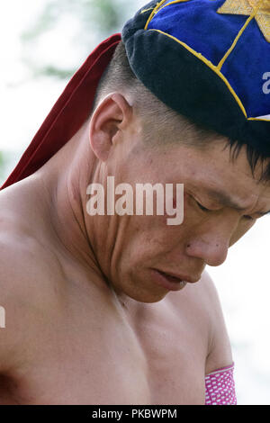 Mongolian wrestling concorrenza vicino al lago Khovsgol, Mongolia Foto Stock