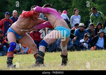 Mongolian wrestling concorrenza vicino al lago Khovsgol, Mongolia Foto Stock