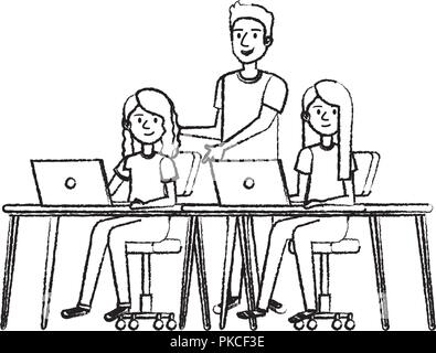 Giovani donne alla scrivania con computer portatile e compagno Illustrazione Vettoriale