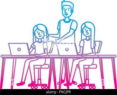 Giovani donne alla scrivania con computer portatile e compagno Illustrazione Vettoriale