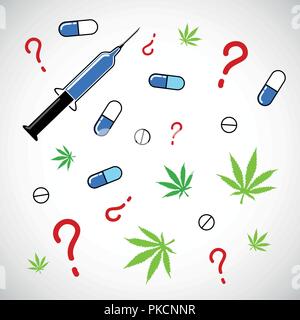 Siringhe compresse cannabis antidolorifici simboli medici illustrazione vettoriale Illustrazione Vettoriale