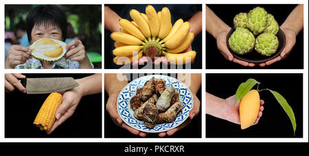 Thailandia popolari come frutta Durian servita,banana matura ,mature anone ,in streaming di mais dolce,bollito di taro e mature golden mango sono isolati ogni phot Foto Stock