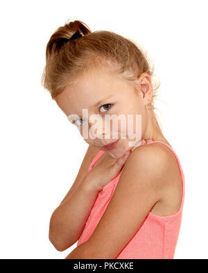 6 anno vecchia ragazza con un leggero sorriso Foto Stock