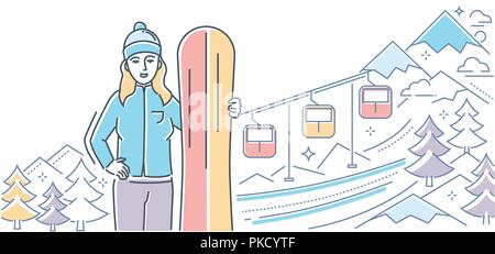 Ski resort - linea colorato stile design illustrazione Illustrazione Vettoriale