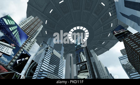 Alien UFO sopra apocalittico Time Square di New York Manhattan. Il rendering 3D Foto Stock