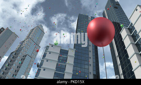 Rising palloncini colorati in città il rendering 3D Foto Stock