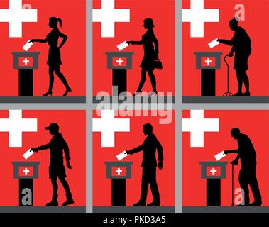 I cittadini svizzeri silhouette votare alle elezioni in Svizzera. Tutti gli oggetti di silhouette e gli sfondi sono in diversi strati. Illustrazione Vettoriale