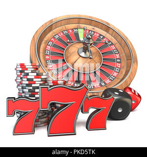 Roulette, Dadi 777 e fiche da gioco 3D render illustrazione isolati su sfondo bianco Foto Stock