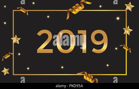 2019 scritto a mano lettering con golden Stelle di natale su uno sfondo nero. Felice Anno Nuovo design della scheda. Illustrazione vettoriale EPS file 10. Illustrazione Vettoriale