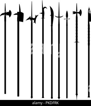 Impostare il vettore armi polearms delineare isolati su sfondo bianco Illustrazione Vettoriale