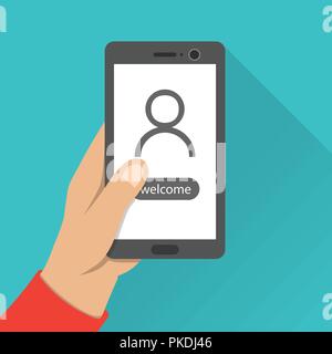 Benvenuto nella pagina di notifica sullo schermo. Tenere in mano uno smartphone. Uno stile piatto illustrazione. Illustrazione Vettoriale