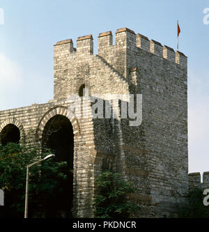 La Turchia. Di Istambul. Il Cannone Gate. Una porta per le pareti , che era importante durante l'assedio nel 1453, dove ingegnere ungherese collocato il cannone che infine demolito questa sezione della parete. Questo è anche il luogo in cui l'ultimo imperatore bizantino Costantino XI Dragases morì. Foto Stock