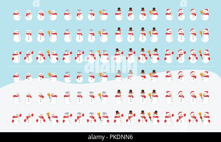 Pupazzo di neve vettore collezione comprendente una selezione di pupazzo di neve con diverse pose e dotati di diversi tipi di accessori. La collezione conta Illustrazione Vettoriale