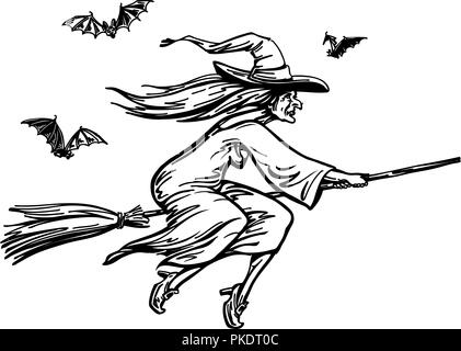 Strega battenti sul manico. Schizzo di Halloween, illustrazione vettoriale Illustrazione Vettoriale