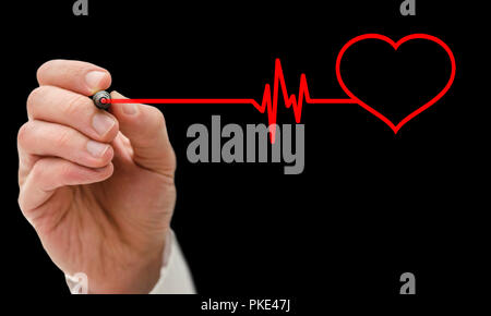 Medico forma di disegno di un cuore che batte elettrocardiografo. Isolato su sfondo nero. Foto Stock
